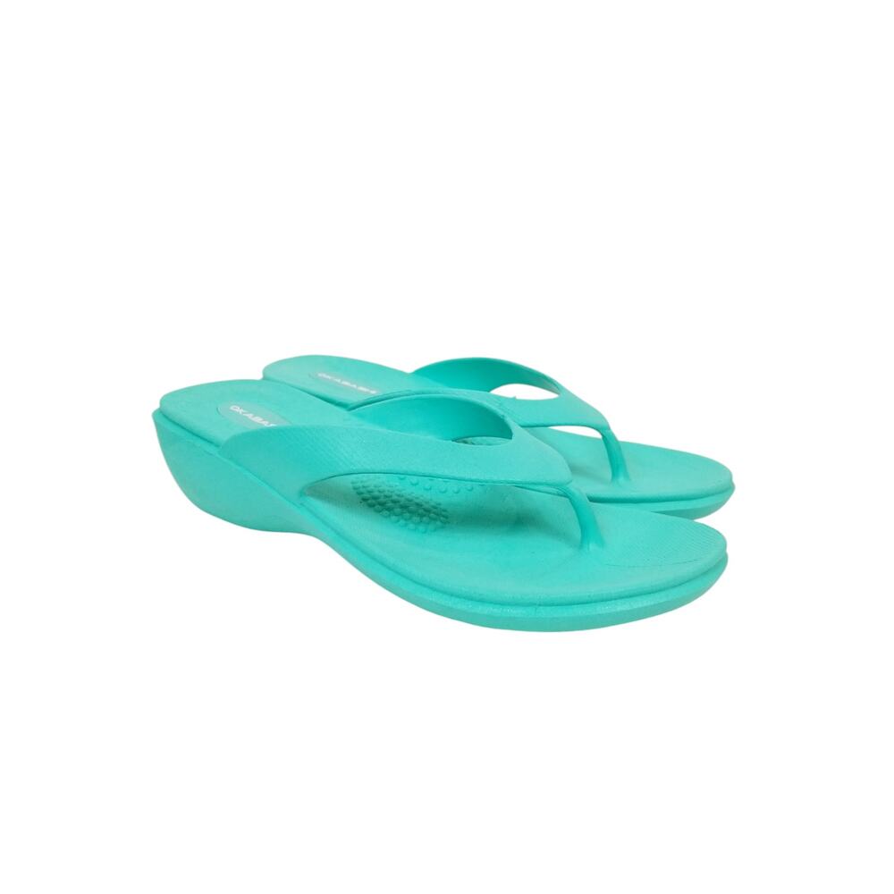 Okabashi Women's Splash Aqua Blue Low Wedge Heel Thong Sandals Flip Flops 6.5